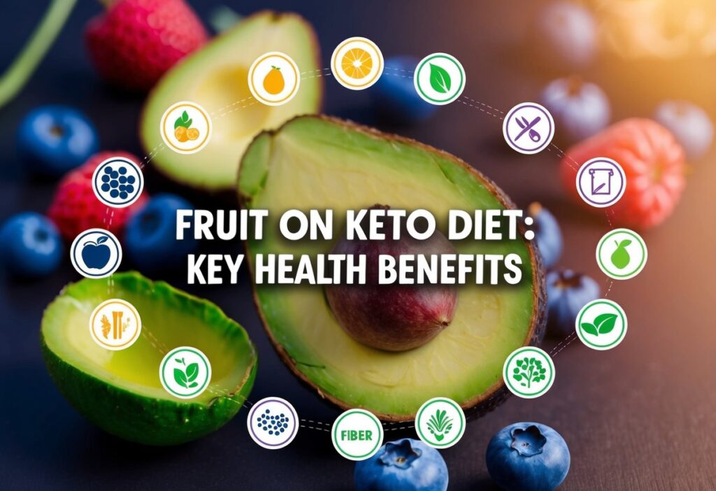 An image that highlights the health benefits of including fruits on keto diet. Use icons to represent vitamins, antioxidants, and fiber, with a central focus on low-carb fruits like berries and avocado. Add a prominent overlay with the phrase 'Fruit on Keto Diet: Key Health Benefits.' Use a clean, colorful layout that communicates energy and wellness.