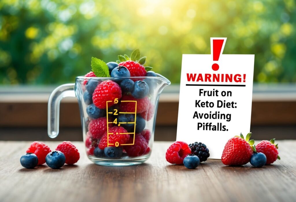 An image that visually warns about common pitfalls when consuming fruits on a keto diet. Show a measuring cup filled with berries next to a warning icon (like an exclamation mark) and a chart of carb counts. Overlay text that reads 'Fruit on Keto Diet: Avoiding Pitfalls.' The design should be clear, instructive, and use cautionary colors like orange or red sparingly for emphasis.