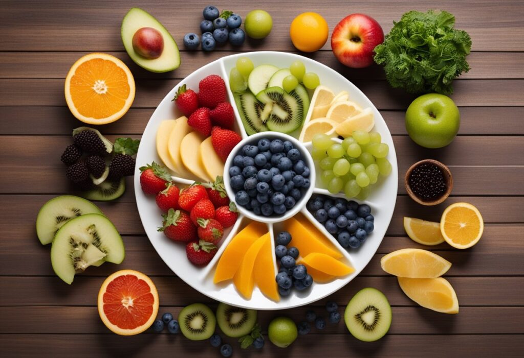 A meal plate divided into sections showing macronutrient distribution, with one section dedicated to a small serving of low-carb fruit. Include a text overlay that says 'Fruit on Keto Diet: Balancing Your Macros.' Use a modern, clean design with color-coded sections to illustrate macro balance