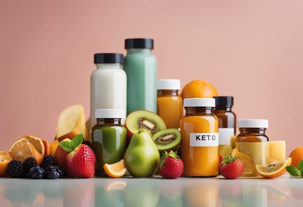 An image that combines visuals of keto-friendly fruits (such as berries and avocado) with supplement bottles or powders. Include supplements like Java Burn, Nagano Tonic, and Vive Biotics subtly in the layout. Overlay the image with the text 'Fruit on Keto Diet: Boost Your Nutrition with Supplements.' Use a sleek, modern style with a balanced color palette to merge food and supplement imagery seamlessly.