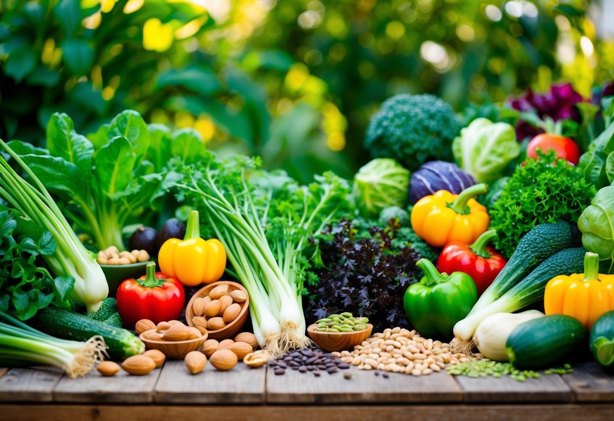 A lush garden with a variety of vibrant green vegetables, nuts, and seeds arranged in a visually appealing and nutritious display