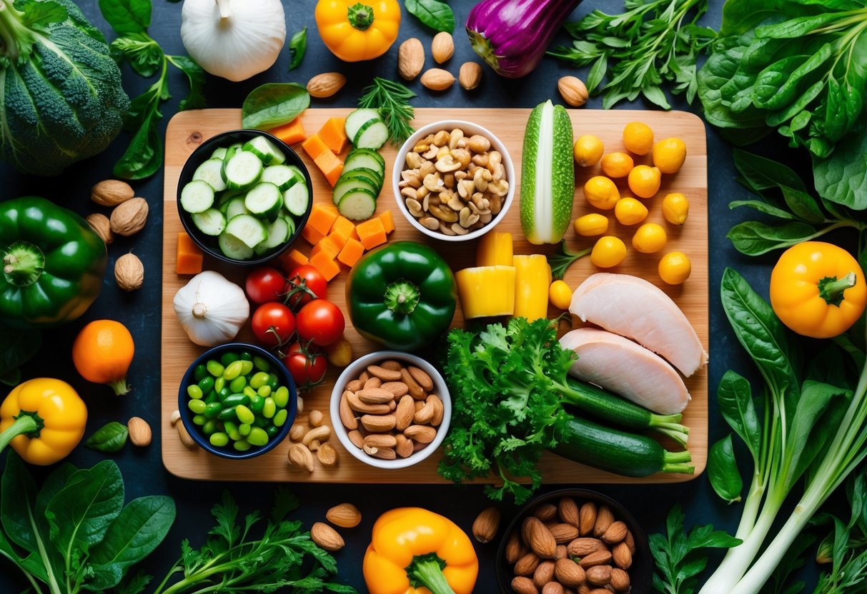 A colorful array of fresh vegetables, nuts, and lean proteins arranged on a wooden cutting board, surrounded by vibrant green leaves and herbs