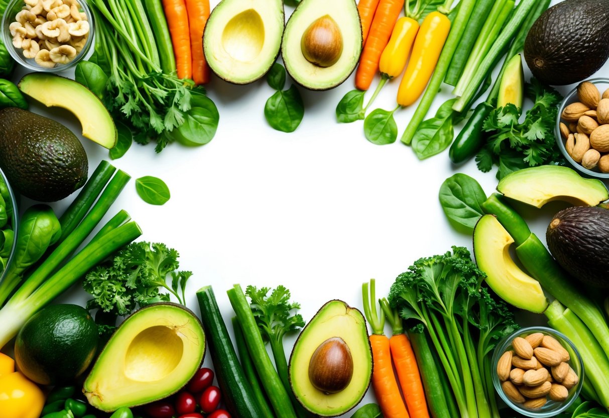 A vibrant array of fresh green vegetables and healthy fats, such as avocados and nuts, arranged in a balanced and visually appealing composition