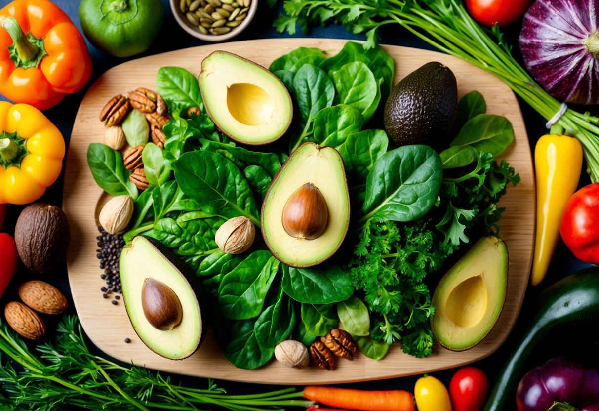 A colorful assortment of leafy greens, avocados, nuts, and seeds arranged on a wooden cutting board, surrounded by vibrant vegetables and fresh herbs