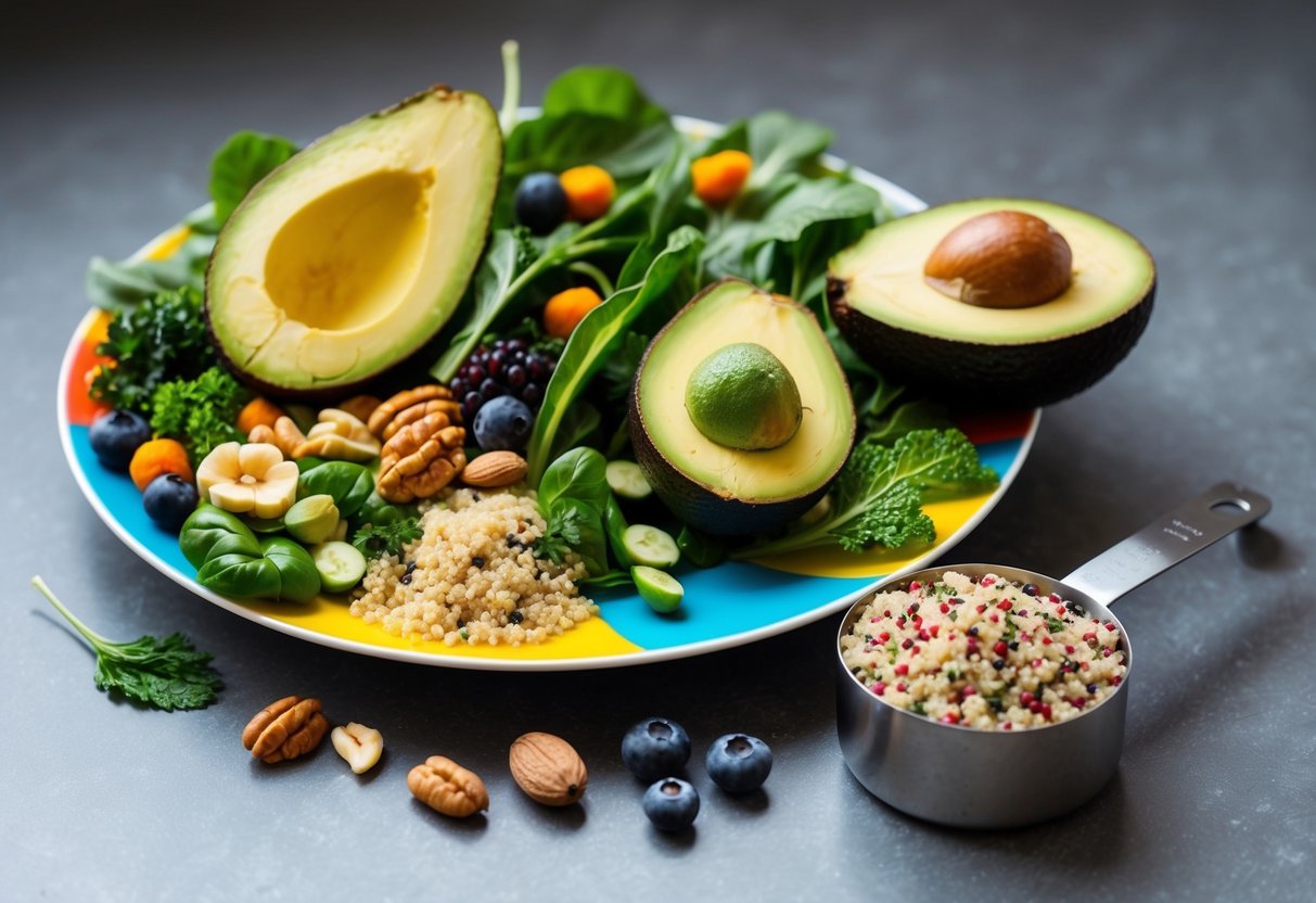 A colorful plate of leafy greens, avocados, nuts, and berries sits next to a measuring cup of quinoa and a variety of low-carb vegetables, illustrating a sustainable and nutrient-rich approach to low-carb living