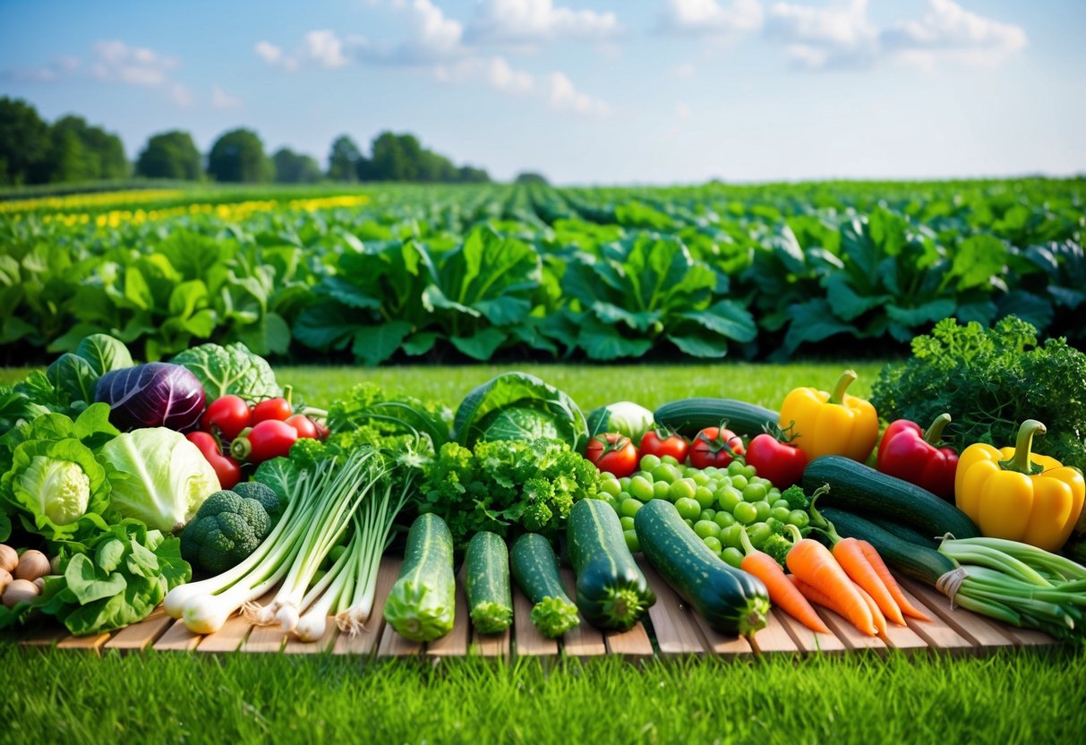 A lush green landscape with a variety of nutrient-rich vegetables and low-carb foods arranged in an organized and sustainable manner
