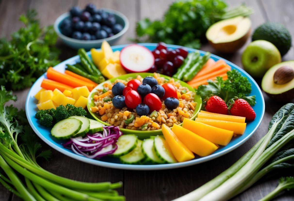 A colorful plate filled with a variety of nutrient-rich, low-carb foods, surrounded by fresh green vegetables and fruits
