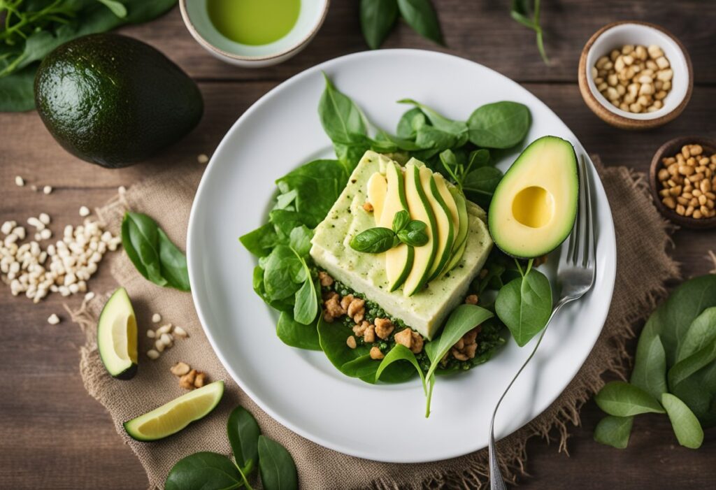A visually appealing, high-quality digital illustration of a Green Keto Diet meal on a clean, modern plate. The meal consists of fresh, vibrant green leafy vegetables (such as spinach and kale), healthy fats like avocado slices and olive oil drizzle, and a source of plant-based protein such as tofu or nuts. The background is bright and inviting, with a subtle health-conscious theme, incorporating natural wooden textures and soft lighting. The image should have a clean and minimalistic aesthetic, ideal for use in a health and nutrition blog. No text or branding on the image.