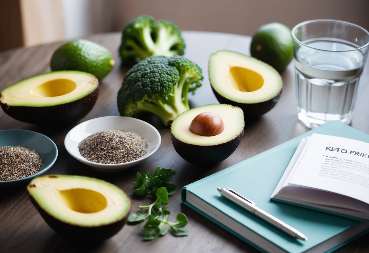 A table set with a variety of high-fiber, low-carb foods such as avocados, broccoli, chia seeds, and flaxseed. A glass of water and a keto-friendly recipe book are also present