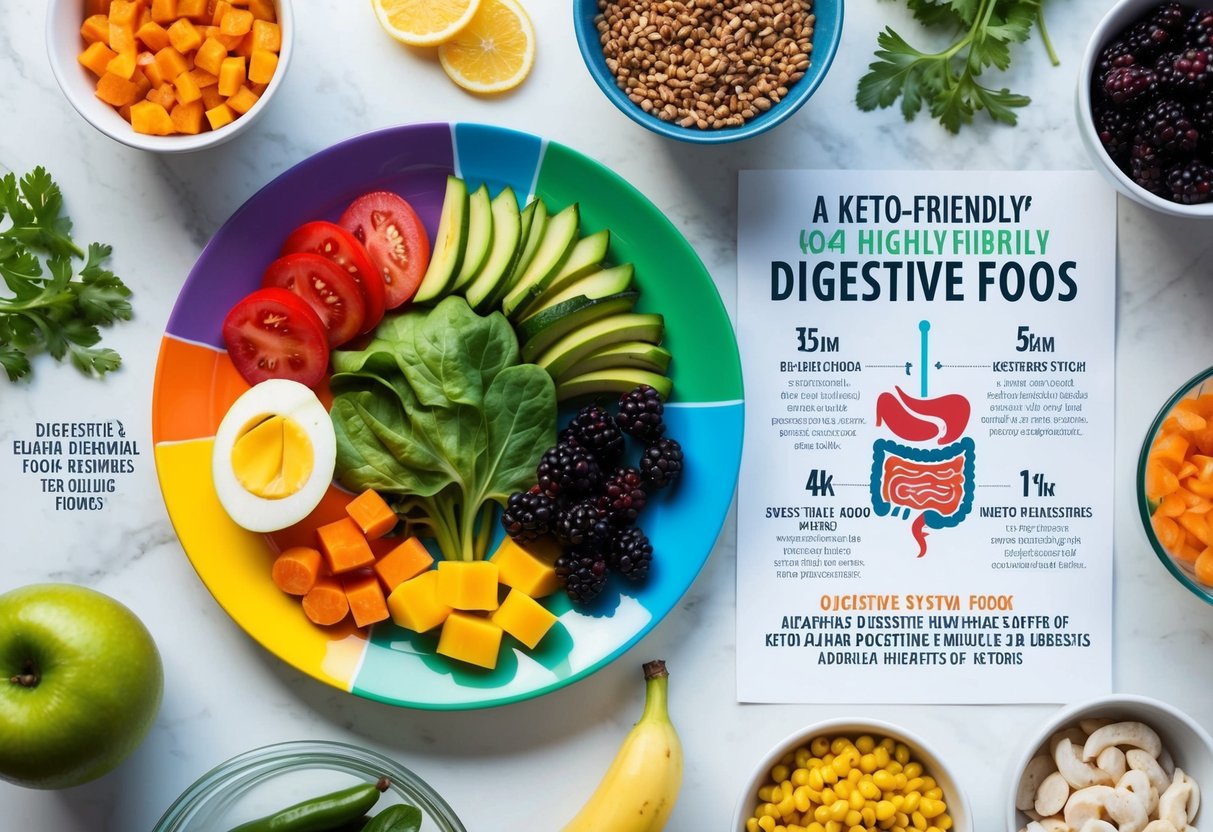 A colorful plate with high-fiber keto-friendly foods, surrounded by digestive system illustrations and text highlighting the benefits of ketosis