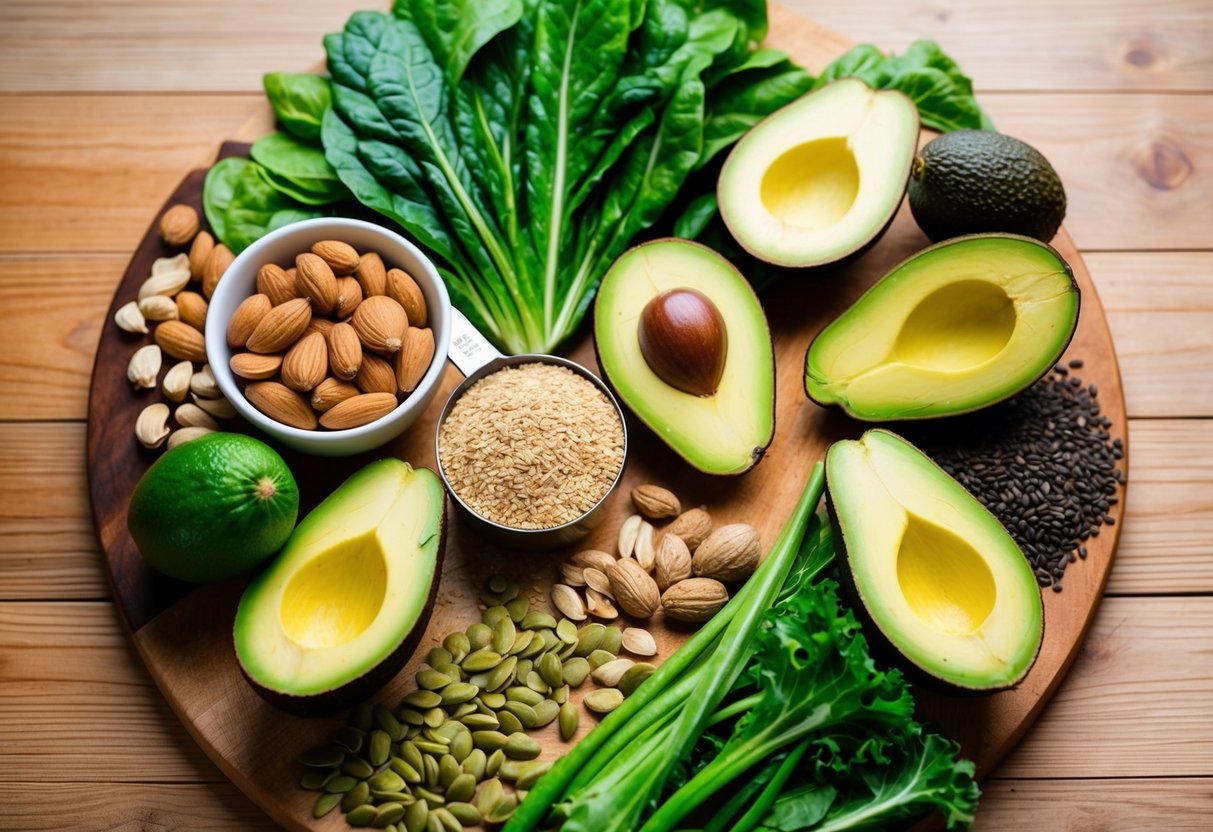 A colorful array of high-fiber keto-friendly foods, such as leafy greens, avocados, nuts, and seeds, arranged on a wooden cutting board with a measuring cup of flaxseeds