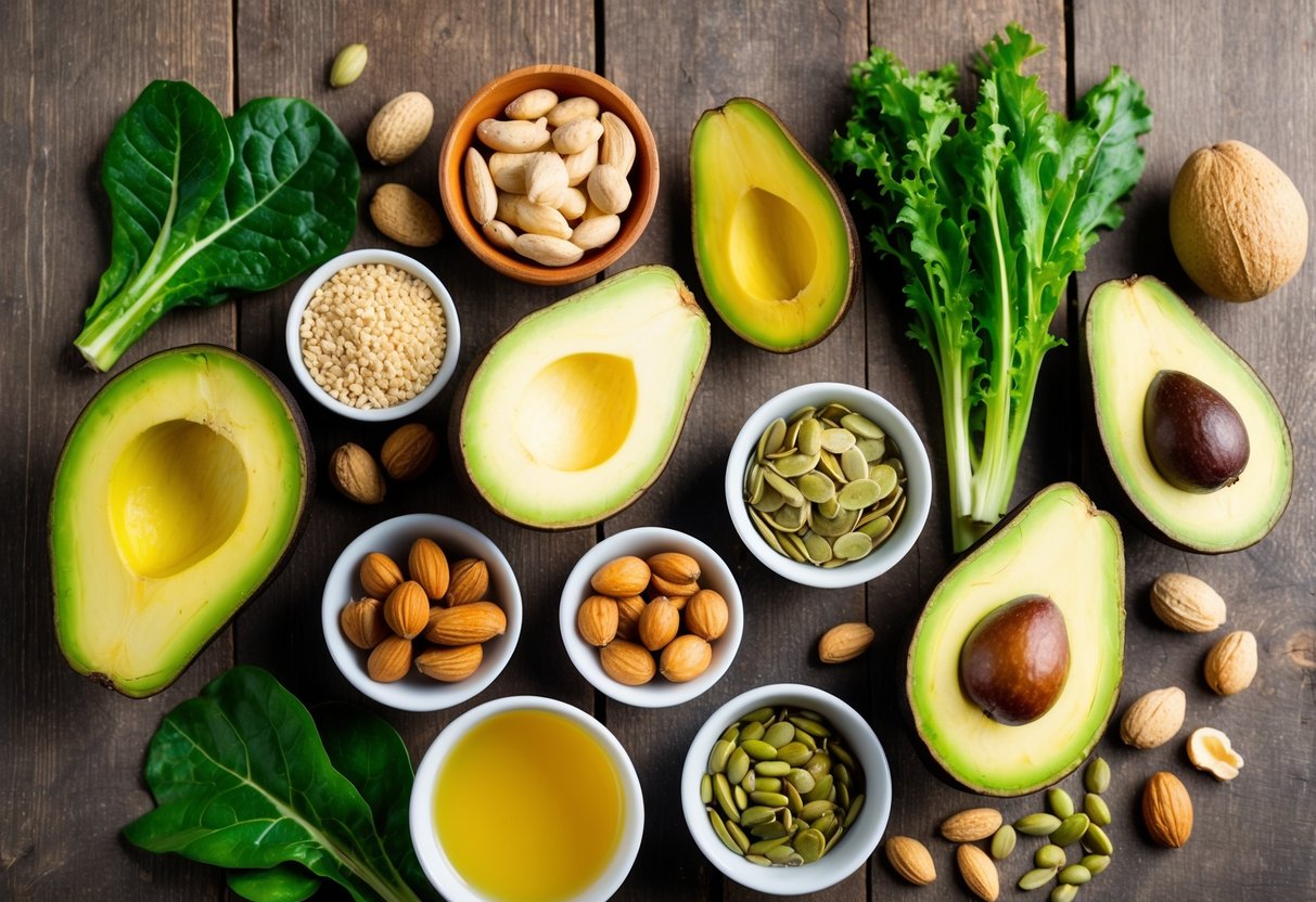 A colorful array of keto-friendly fiber sources, such as avocados, nuts, seeds, and leafy greens, arranged on a rustic wooden table