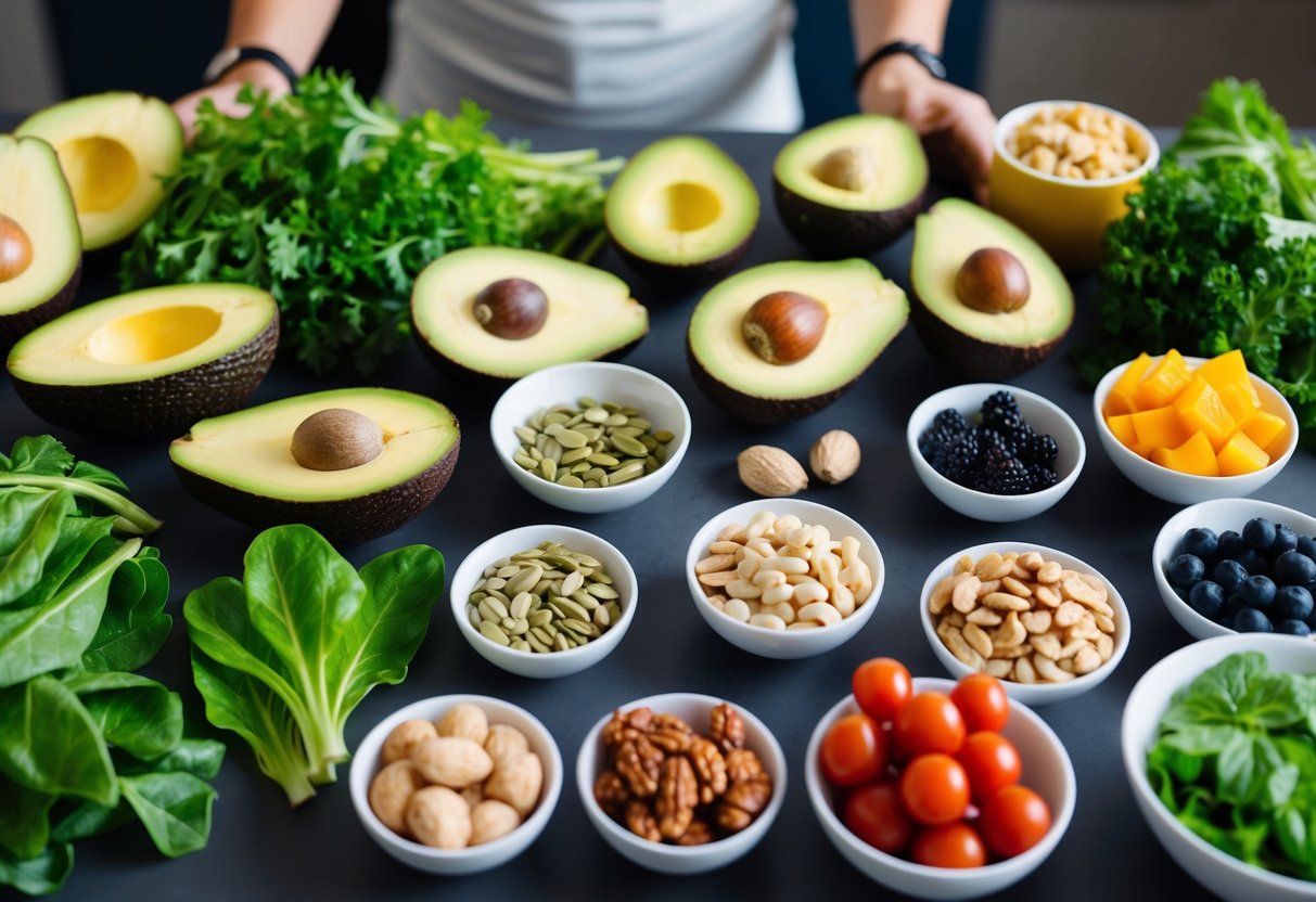A colorful spread of fiber-rich keto-friendly foods arranged on a table, including avocados, leafy greens, nuts, seeds, and low-carb vegetables