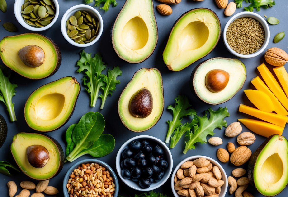 A colorful array of high-fiber keto-friendly foods, such as avocados, nuts, seeds, and leafy greens, arranged in a visually appealing and appetizing manner