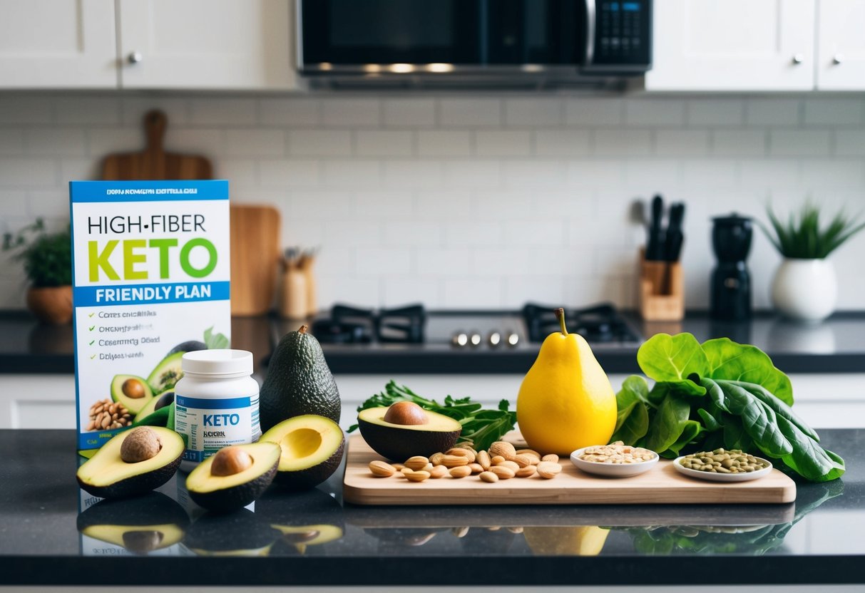 A kitchen counter with a variety of high-fiber keto-friendly foods, such as avocados, nuts, seeds, and leafy greens, displayed alongside a keto meal plan and digestive health supplements