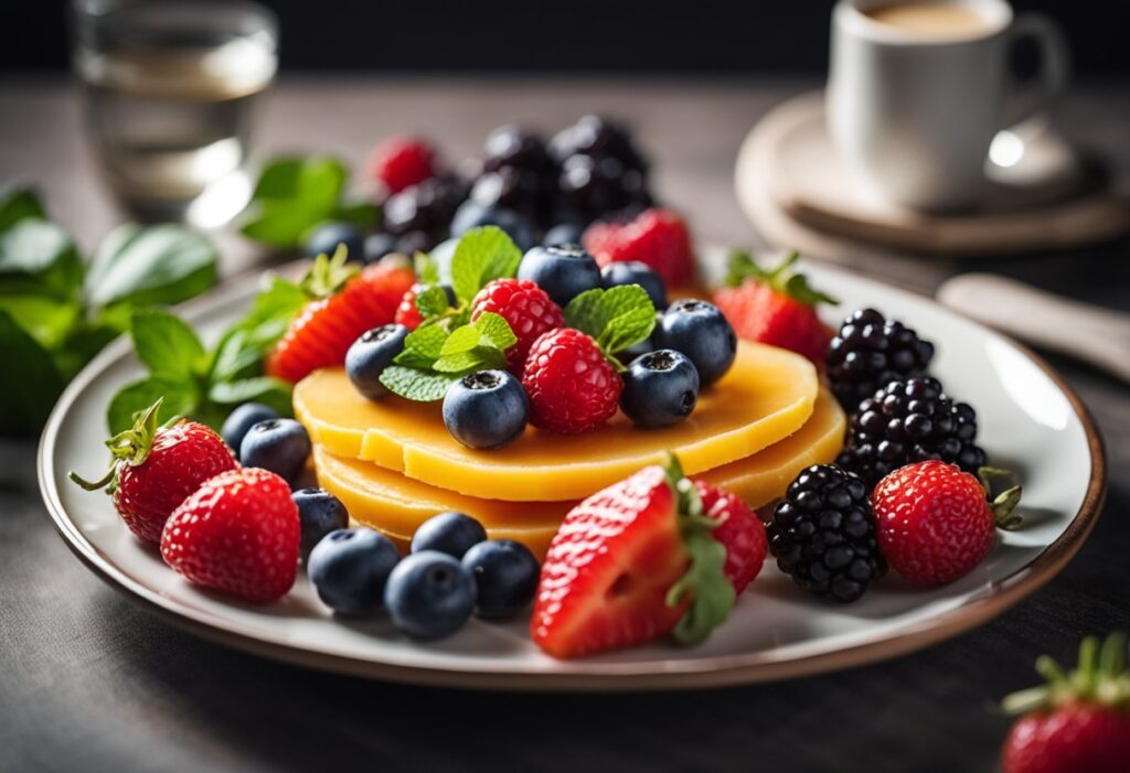 Image that visually represents the concept of maximizing fiber on a keto diet. The scene should showcase a beautifully arranged plate filled with vibrant, fiber-rich keto-friendly foods such as fresh leafy greens (spinach, kale), broccoli florets, avocado slices, and a scattering of nuts and seeds (chia, almonds). Include small accents of berries or other low-carb fruits to add color. The background should be minimalistic and softly lit with natural light, evoking a clean, healthy, and balanced vibe. Emphasize texture and freshness to convey the benefits of fiber for digestive health while maintaining a keto-friendly aesthetic.