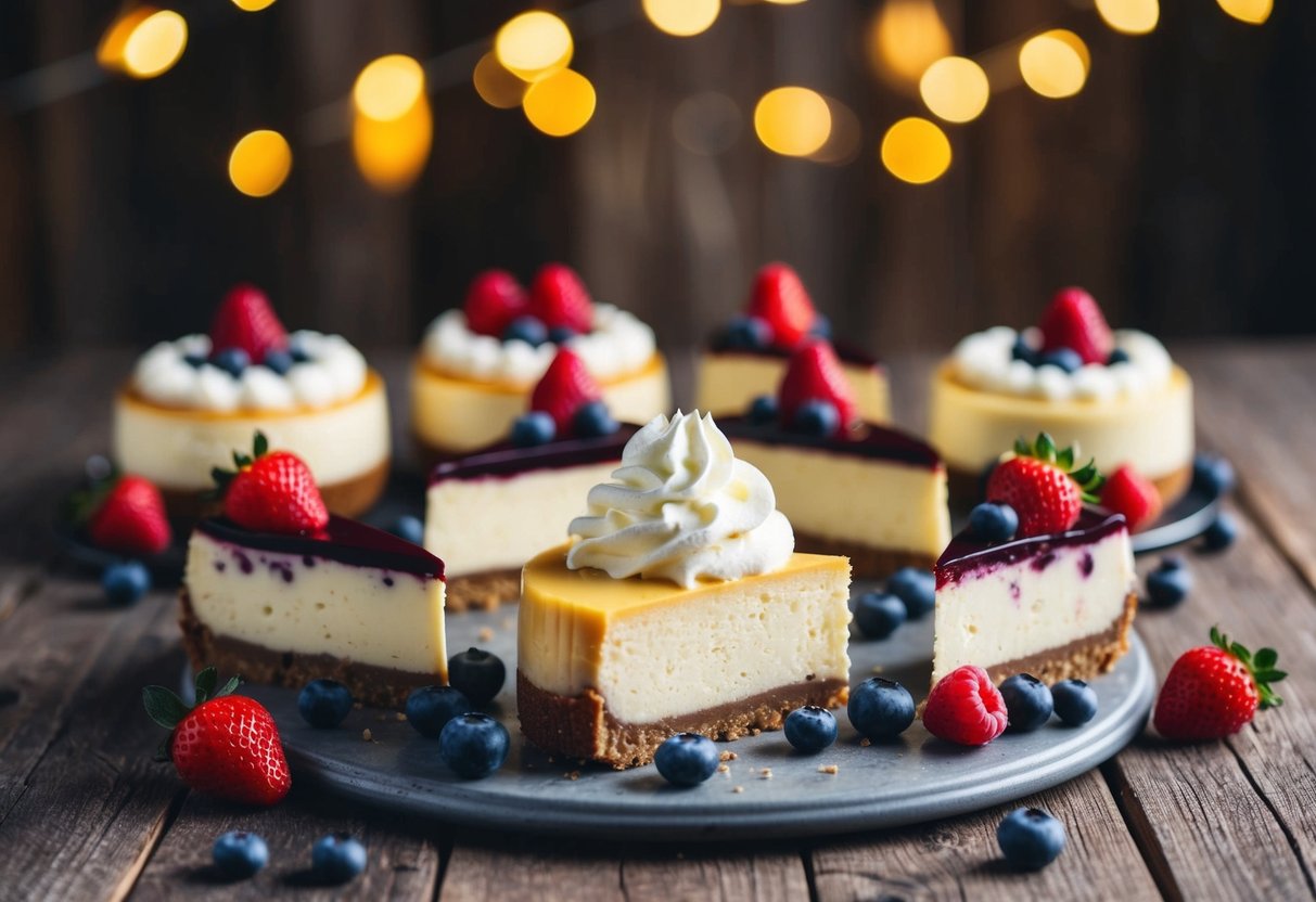 A variety of keto-friendly cheesecakes arranged on a rustic wooden table, surrounded by fresh berries and a dollop of whipped cream