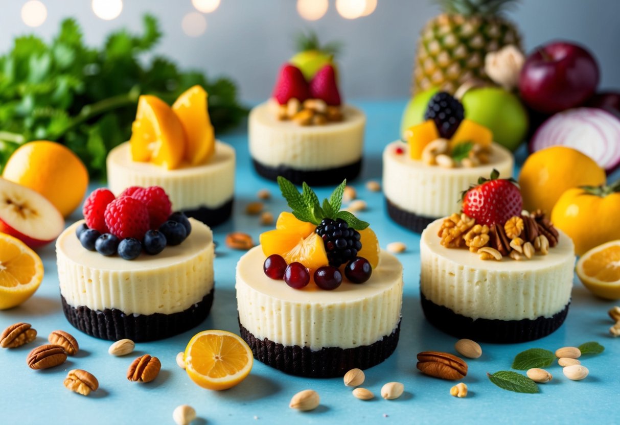 A table set with seven different keto cheesecakes, each topped with a variety of low-carb fruits and nuts, surrounded by vibrant, fresh ingredients
