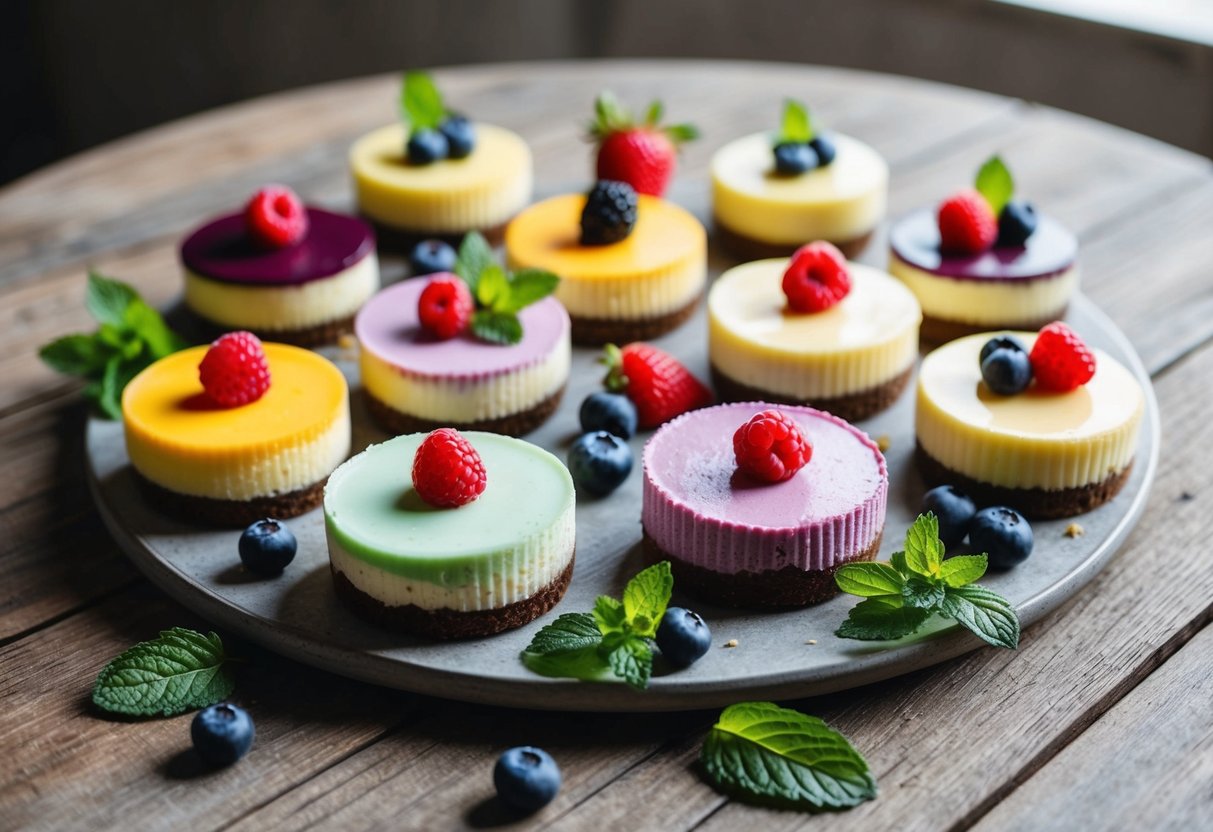 A colorful array of keto cheesecakes arranged on a rustic wooden table, surrounded by fresh berries and mint leaves, with a soft natural light illuminating the scene