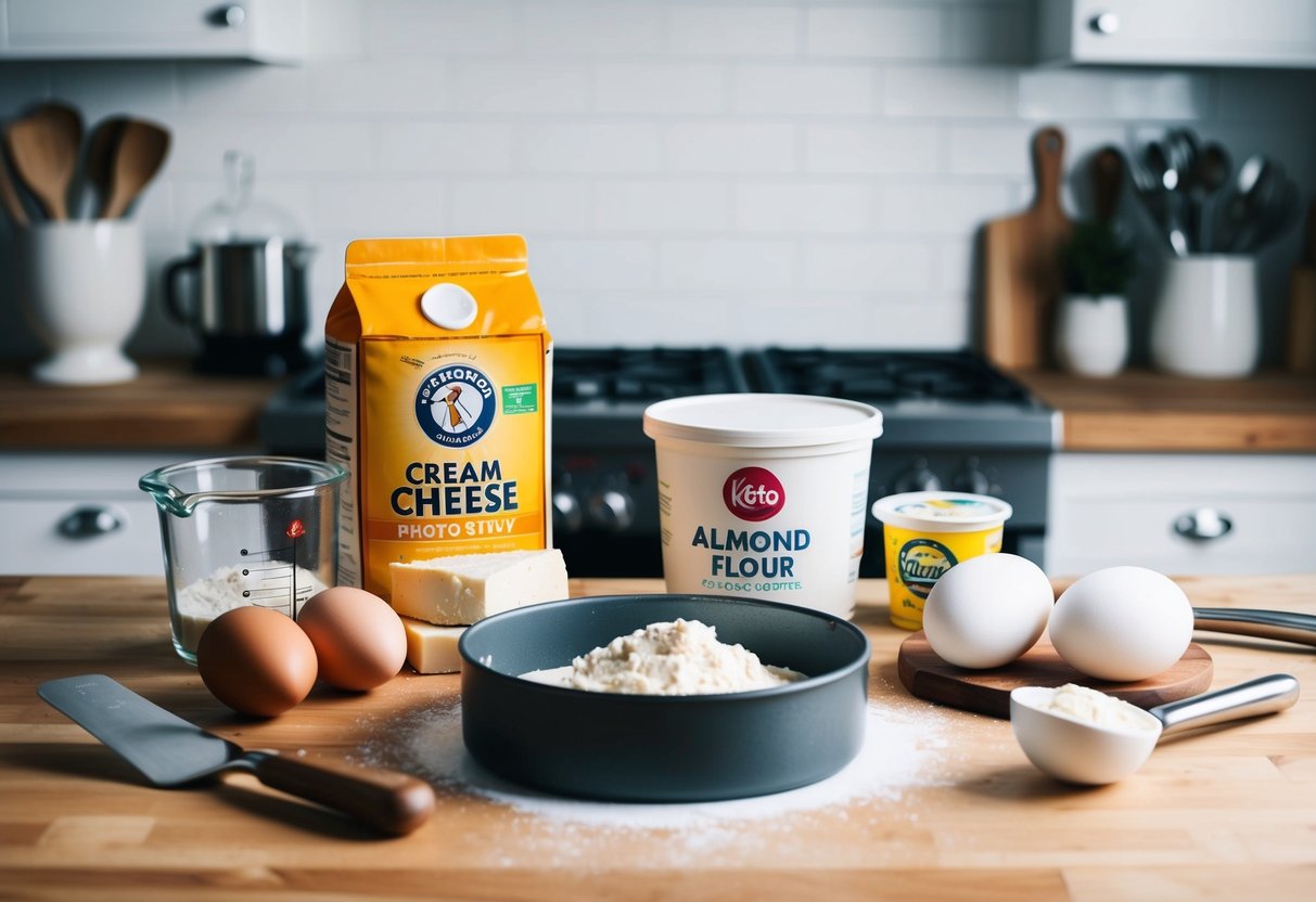 A kitchen counter with ingredients and utensils for making a keto cheesecake. Almond flour, cream cheese, eggs, and a springform pan are neatly arranged
