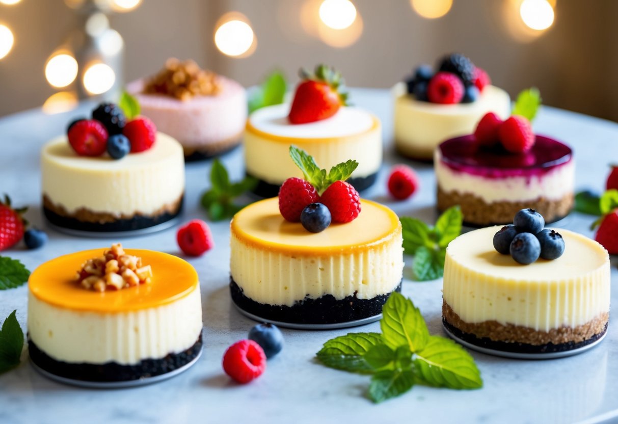 A table set with seven different keto cheesecakes, each with unique toppings and flavors, surrounded by fresh berries and mint leaves