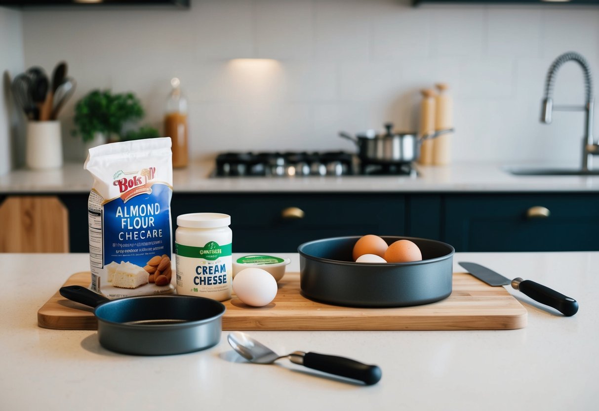 A kitchen counter with ingredients and utensils for making keto cheesecake, including almond flour, cream cheese, eggs, and a springform pan