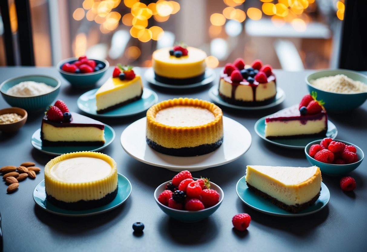 A table set with seven different types of cheesecake, surrounded by low-carb ingredients like almond flour and fresh berries