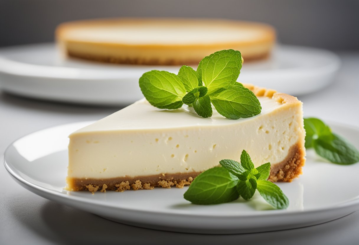 A beautifully plated of cheesecake on keto diet with a crisp almond flour crust and a smooth, rich filling. The cheesecake should have a subtle savory twist, such as a light garnish of fresh mint leaves or finely chopped nuts. Arrange the dessert on a sleek, minimalist plate with a clean, neutral background that emphasizes the dessert's texture and color. Use warm, natural lighting to evoke a sense of indulgence and sophistication, highlighting the decadent yet guilt-free nature of the dish.