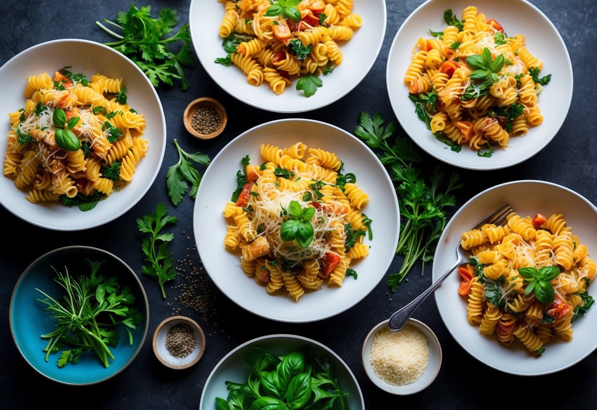 A table set with a colorful array of low-carb pasta dishes, surrounded by fresh herbs and ingredients
