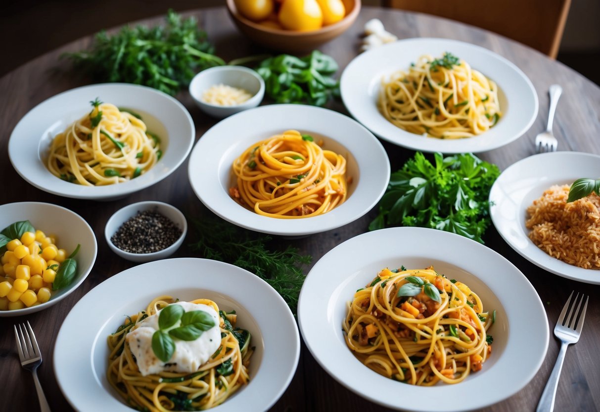 A table set with a variety of Italian pasta dishes, all made with low-carb noodle alternatives, surrounded by fresh ingredients and herbs