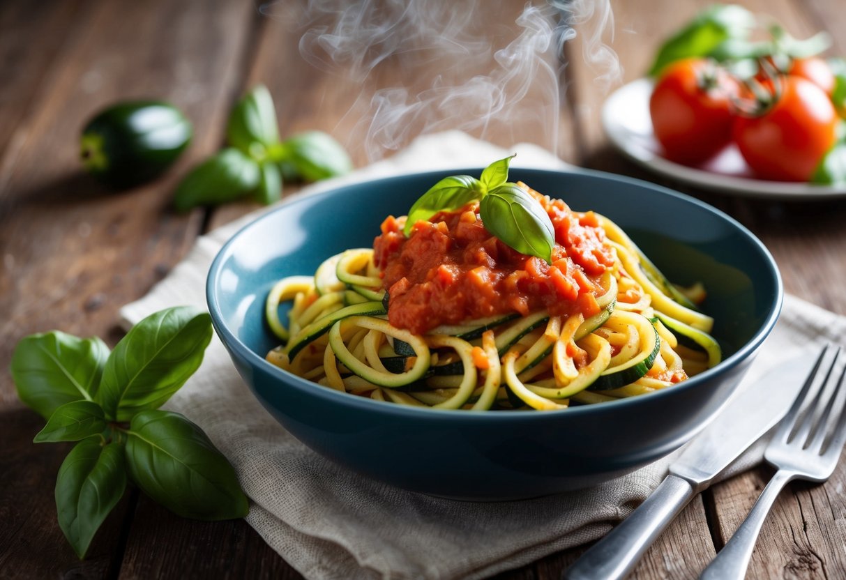 A steaming bowl of zucchini noodles, topped with rich tomato sauce and fresh basil, sits on a rustic Italian table setting