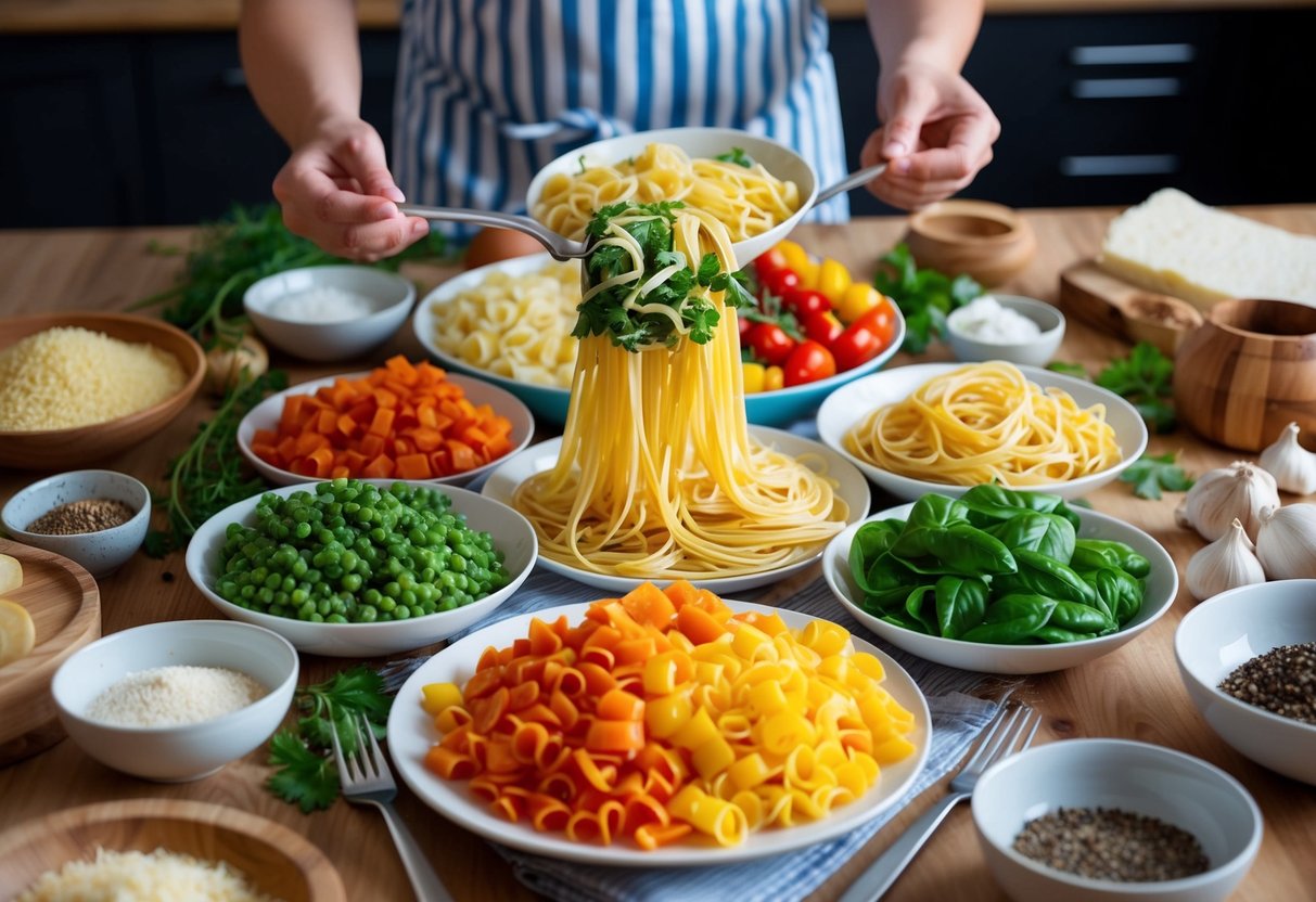 A table set with a colorful array of low-carb pasta alternatives, surrounded by Italian cooking ingredients and utensils