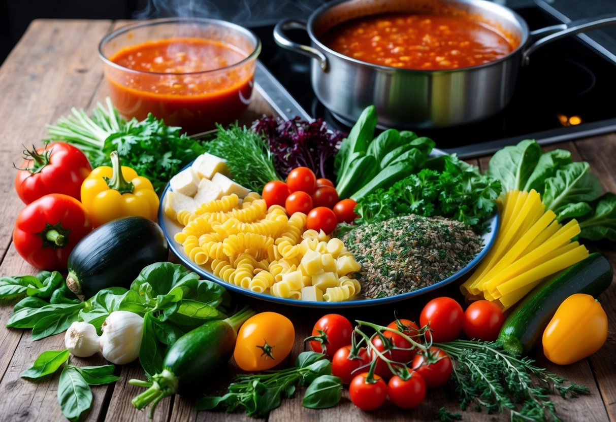 A colorful array of fresh vegetables, herbs, and low-carb pasta substitutes arranged on a rustic wooden table, with a steaming pot of marinara sauce simmering on the stove