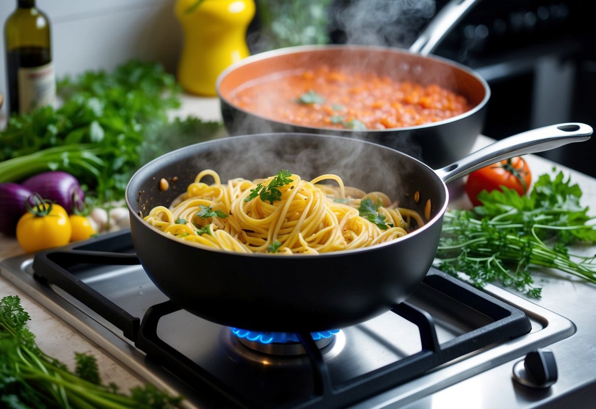 A steaming pot of keto pasta cooks on the stove, surrounded by fresh herbs and vibrant vegetables. A rich tomato sauce simmers in a separate pan, filling the air with the aroma of Italian cuisine