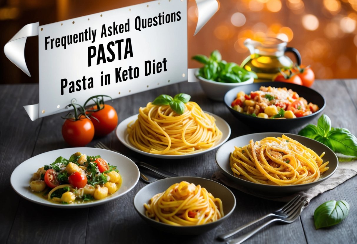 A table set with a variety of Italian pasta dishes, alongside fresh ingredients like tomatoes, basil, and olive oil. A banner reads "Frequently Asked Questions Pasta in Keto Diet."