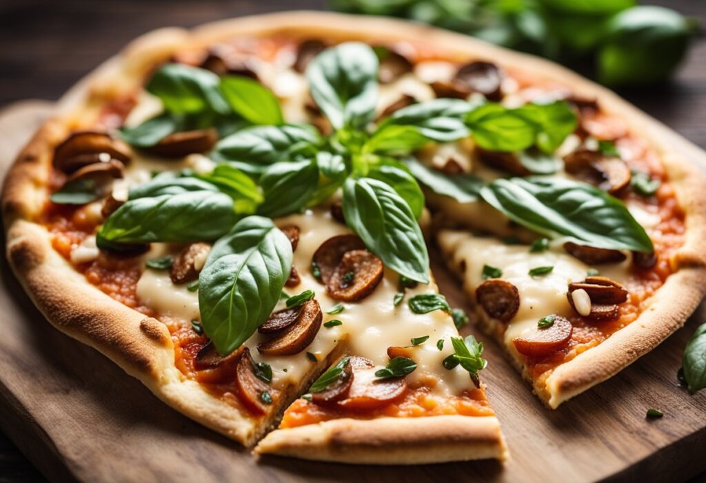A freshly baked keto diet pizza, partially sliced and served on a rustic wooden table. Include subtle hints of keto ingredients (such as a small bowl of almond flour and fresh basil) to set the stage. Use warm, natural lighting to create a cozy, home-kitchen atmosphere.