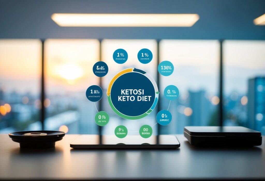A conceptual design showing low-carb elements (healthy fats, proteins, and reduced carbohydrates) in a sleek, modern style. The focus should be on clarity and visual appeal.