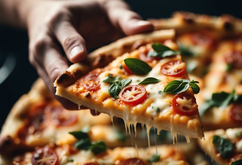 A close-up shot of a delicious, cheesy slice held in a hand against a softly blurred background. Emphasize the satisfaction and indulgence of a guilt-free pizza experience.