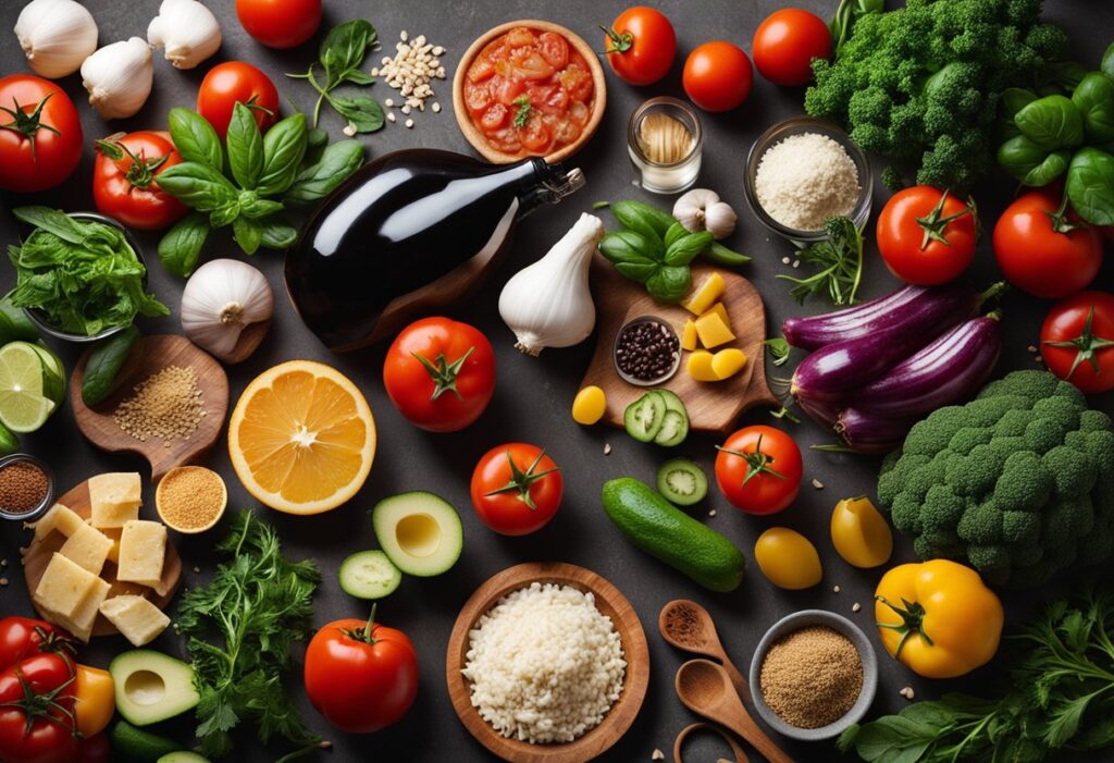 Essential ingredients for a keto diet pizza. Arrange items such as almond flour, cauliflower, fresh mozzarella, low-carb tomato sauce ingredients (tomatoes, garlic, basil), and a few fresh herbs on a clean, neutral background to highlight their freshness and quality.