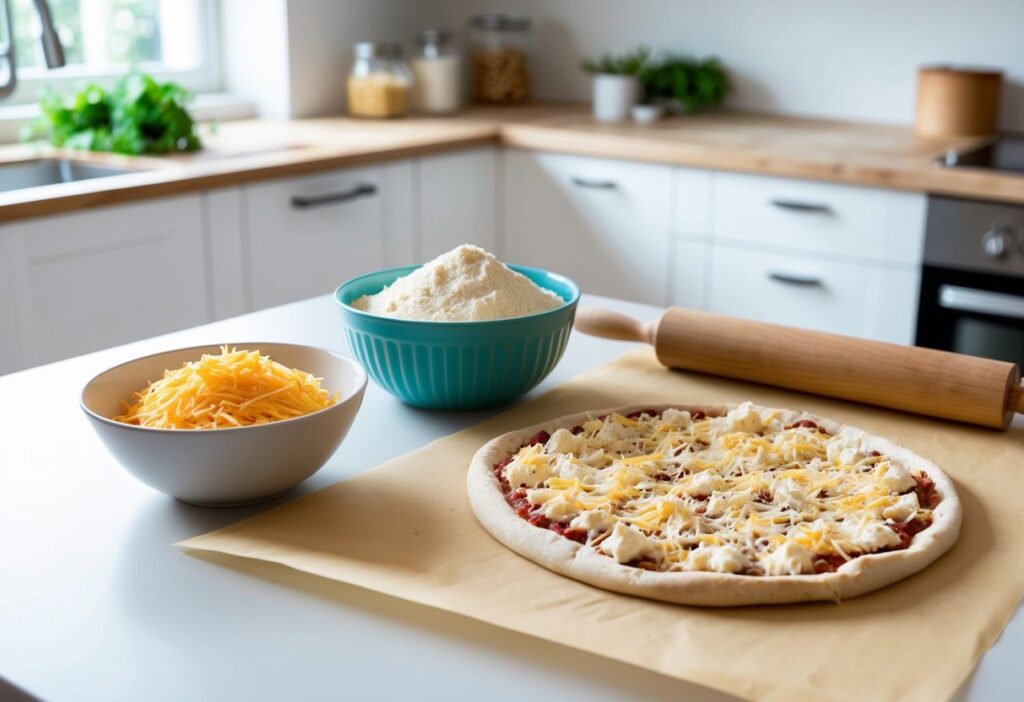 A bowl with mixed ingredients (almond flour, shredded cheese, cream cheese) alongside a rolled-out dough on parchment paper ready for baking. Use a bright, clean kitchen setting with natural lighting to emphasize the ease of preparation