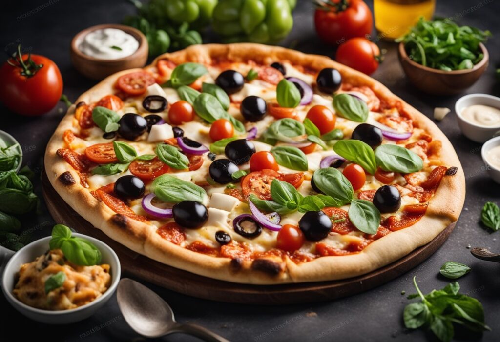 A keto diet pizza loaded with vibrant toppings such as pepperoni, spinach, mushrooms, olives, and assorted cheeses, with a few small dishes holding extra low-carb sauces on the side. The image should convey versatility and creativity