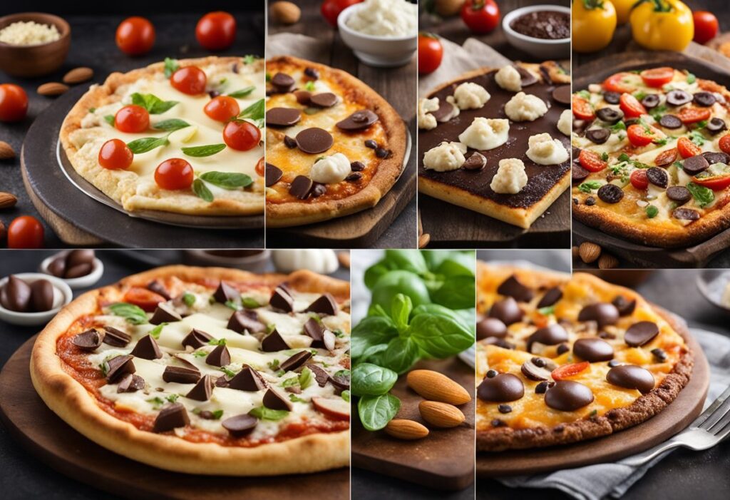 An image showcasing different keto diet pizza variations. A collage or series of smaller images displaying alternatives like a cauliflower crust pizza, a cheese-based crust pizza, and a dessert keto pizza (e.g., a chocolate almond flour crust with sugar-free toppings).