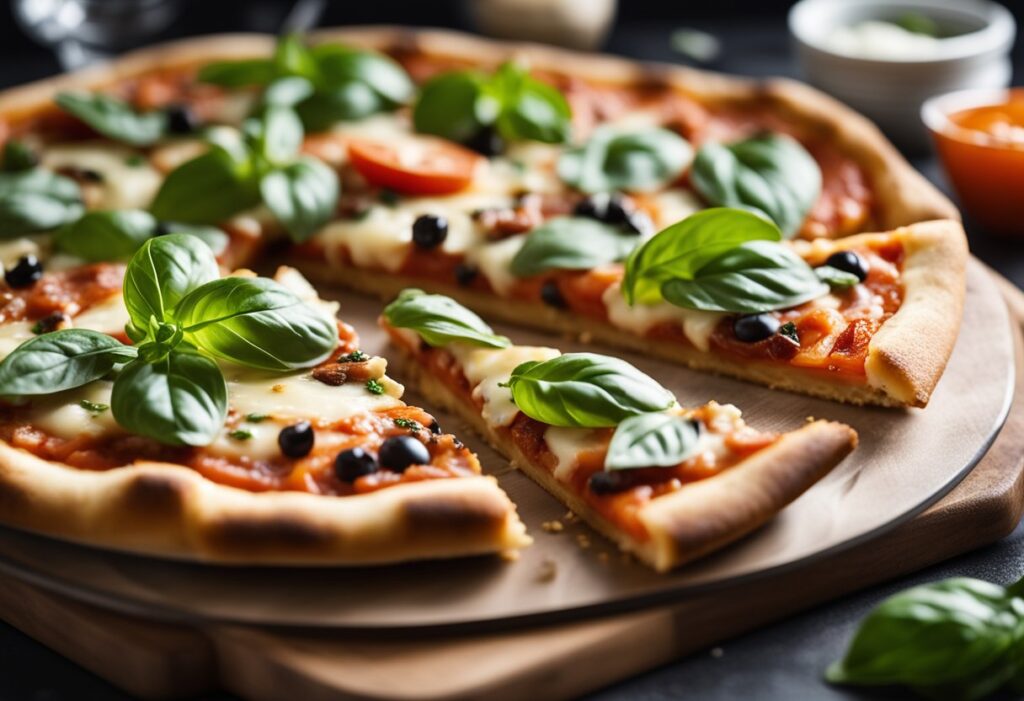 The finished, perfectly baked keto pizza. Feature a beautifully garnished pizza (sprinkled with fresh basil or oregano) sliced into wedges, with subtle elements (like a timer or check-mark icons) overlaid to suggest expert baking tips. The overall look should be professional, appetizing, and polished.