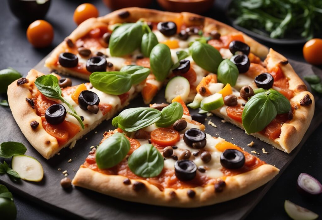 The finished, perfectly baked keto pizza. Feature a beautifully garnished pizza (sprinkled with fresh basil or oregano) sliced into wedges, with subtle elements (like a timer or check-mark icons) overlaid to suggest expert baking tips. The overall look should be professional, appetizing, and polished.