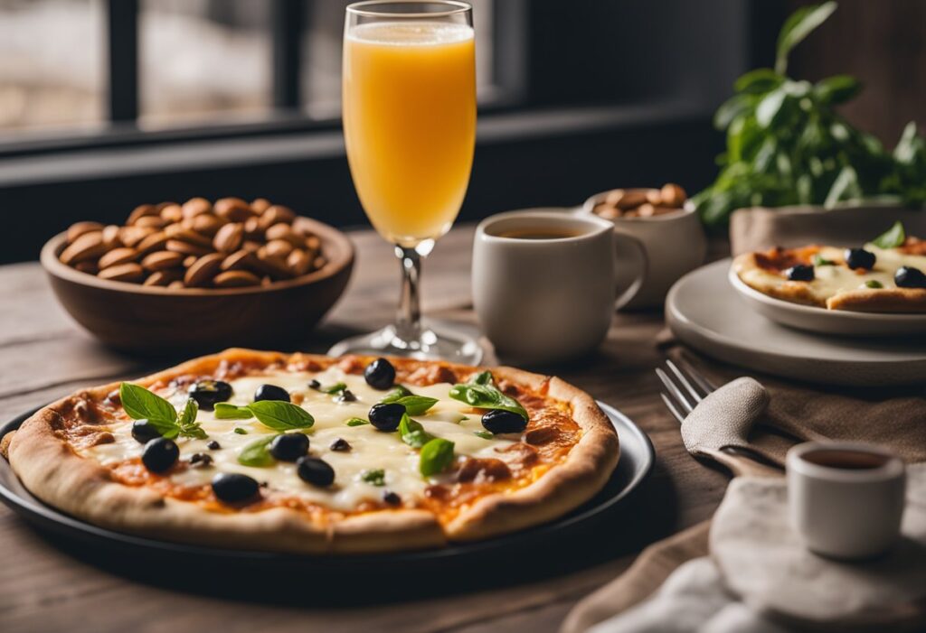 A delicious slice of keto diet pizza with a crispy almond flour crust, melted cheese, and vibrant low-carb toppings (such as pepperoni, spinach, and cherry tomatoes) arranged on a rustic plate. Next to the pizza, display a chilled glass of keto drink—choose from options like iced bulletproof coffee, sparkling water with lemon, or a refreshing unsweetened iced tea—served in a sleek glass with ice. Use warm, natural lighting and a minimalistic background to emphasize the textures and colors, capturing the essence of a satisfying, low-carb indulgence."