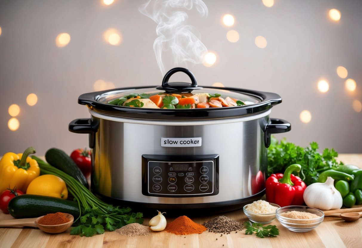 A slow cooker surrounded by various fresh ingredients and spices, with steam rising from the delicious low-carb keto meals being prepared inside