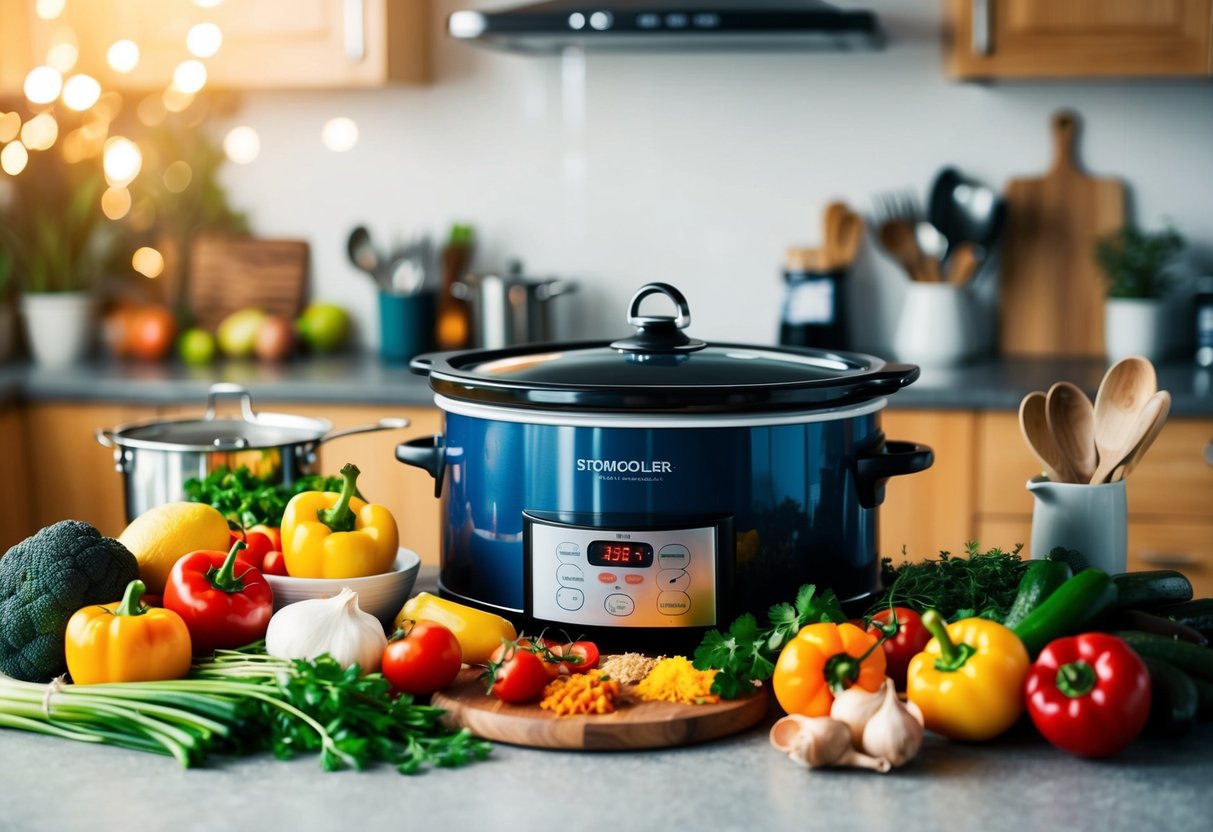 A colorful spread of fresh ingredients and kitchen utensils, with a slow cooker simmering a flavorful keto diet recipes for the slow cooker meal
