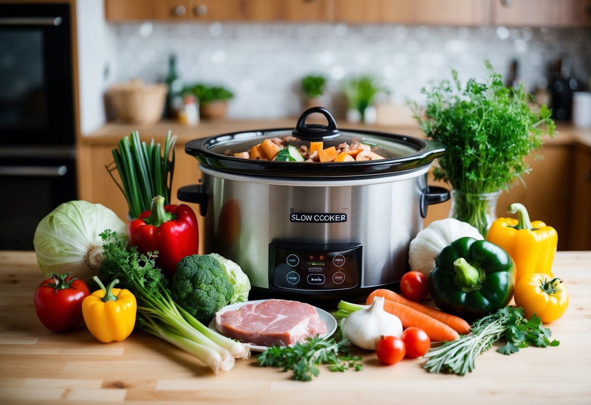 A variety of fresh vegetables, meats, and herbs are arranged around a slow cooker, ready to be used in creating delicious low-carb keto meals