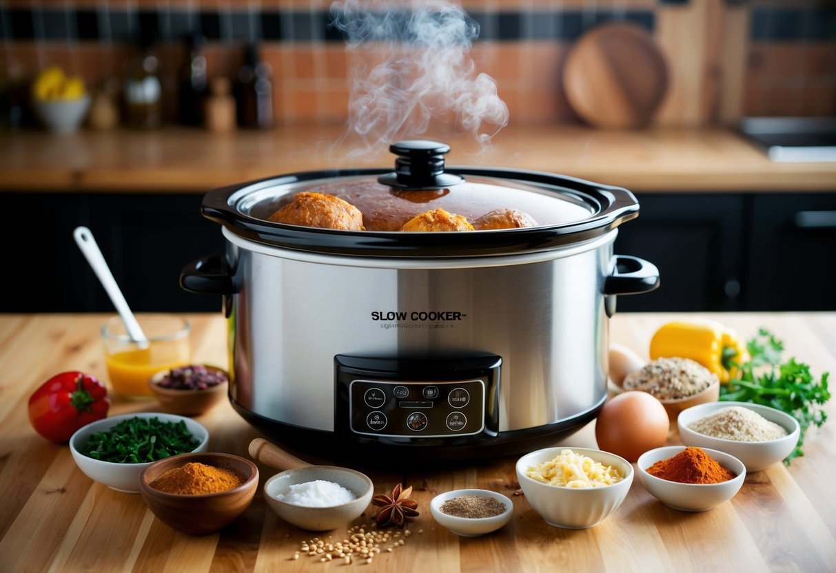 A slow cooker surrounded by various low-carb ingredients and spices, emitting a mouthwatering aroma as it cooks a keto breakfast dish