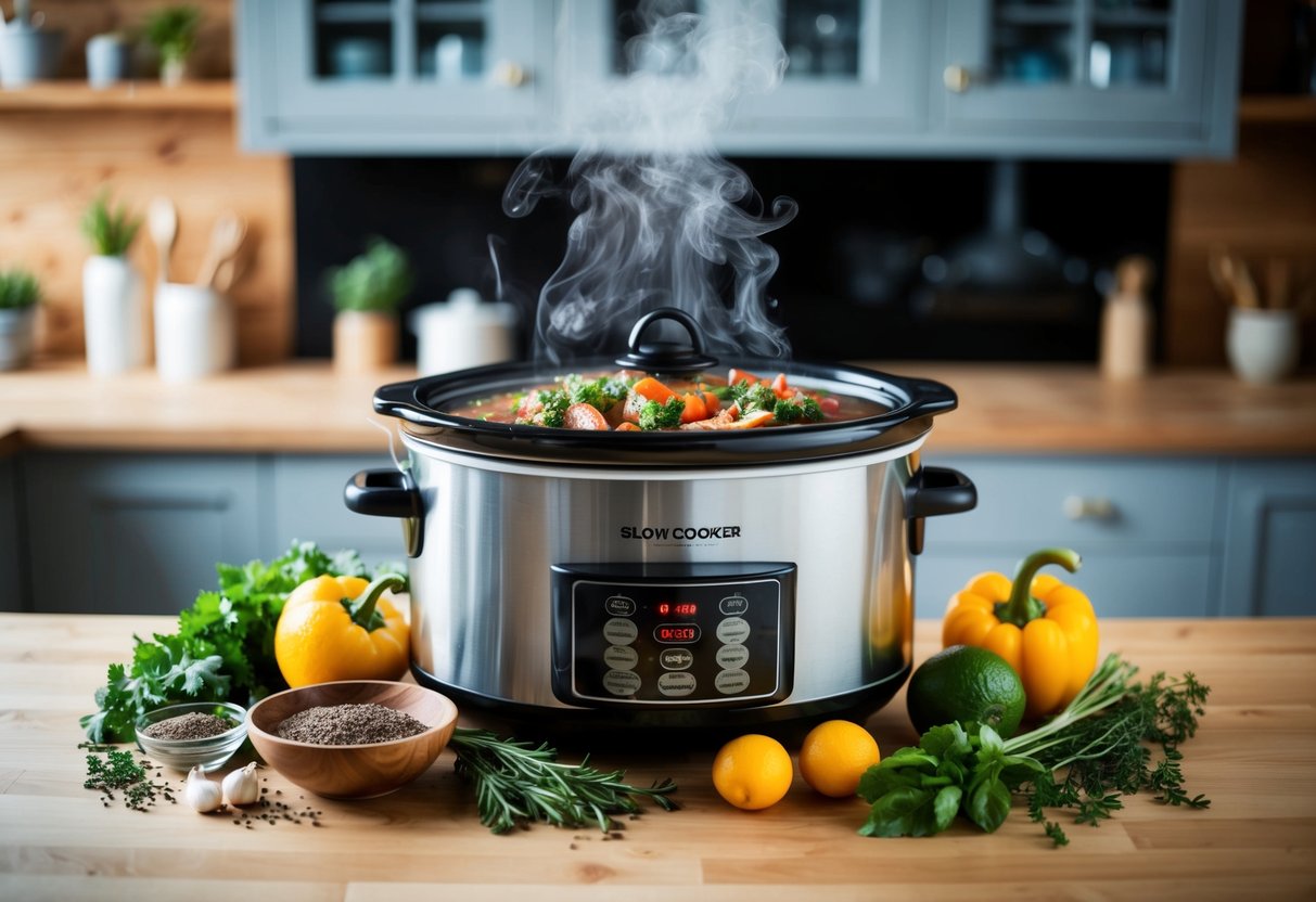 A slow cooker surrounded by fresh ingredients and herbs, steam rising from a hearty keto meal, with a relaxed and inviting atmosphere